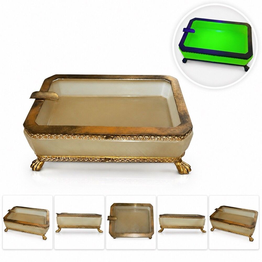 Antique Uranium Vaseline Glass Ashtray Art Deco Brass Ormolu Footed Tray UV Glow
